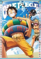  3boys abs absurdres afro beach black_hair brook_(one_piece) brown_male_swimwear brown_swim_trunks calendar cloud denim green_hair happy highres holding holding_swim_ring innertube jolly_roger male_focus male_swimwear monkey_d._luffy multiple_boys one_piece polka_dot roronoa_zoro running sand scan scar shirt skeleton skull sky smile striped_clothes striped_shirt swim_ring swim_trunks swimsuit yellow_male_swimwear yellow_swim_trunks  rating:General score:8 user:naotofan