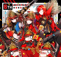  anniversary bare_shoulders black_hair breasts brown_hair cape crest family_crest fate/grand_order fate_(series) gun hat highres large_breasts long_hair looking_at_viewer military_hat mini_nobu_(fate) musket oda_kippoushi_(fate) oda_nobunaga_(fate) oda_nobunaga_(koha-ace) oda_nobunaga_(maou_avenger)_(fate) oda_uri one_eye_closed peaked_cap pointing pointing_at_viewer red_cape red_eyes red_hair skull smile thighs very_long_hair weapon yui_(tamagohan) 