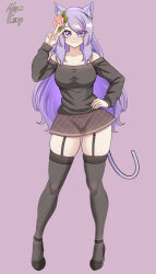  1girl animal_ear_fluff animal_ears artist_name bare_shoulders black_garter_straps black_shirt black_shoes black_thighhighs breasts brown_skirt closed_mouth collarbone commentary commission english_commentary flower full_body garter_straps hair_flower hair_ornament hand_on_own_hip hand_up high_heels highres large_breasts light_blush long_hair long_sleeves looking_at_viewer meganethings microskirt off-shoulder_shirt off_shoulder original parted_bangs pink_background pink_flower purple_eyes purple_hair shirt shoes simple_background skindentation skirt smile solo standing swept_bangs tail thighhighs v 
