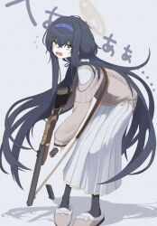  .45_acp 1girl @_@ ammunition bags_under_eyes black_hair blue_archive blush bolt-action_rifle bullet carbine cardigan crossed_bangs de_lisle_carbine grey_cardigan gun hairband halo handgun_cartridge highres holding holding_gun holding_weapon integral_suppressor integrally-suppressed_firearm izumo_(ton_63) long_hair long_sleeves looking_at_viewer magazine_(weapon) open_mouth pistol-caliber_carbine pistol_cartridge purple_hairband reloading rifle sailor_collar school_uniform serafuku shaded_face simple_background slippers solo suppressor ui_(blue_archive) very_long_hair weapon white_sailor_collar white_serafuku yellow_halo 