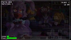  1girl animal_ears animatronic ass blonde_hair bonnie_(fnaf) bow bowtie breasts camera cleavage clock colored_skin commentary cosmetics denim denim_shorts elbow_gloves english_commentary english_text five_nights_at_freddy&#039;s five_nights_in_anime:_after_hours_(fangame) five_nights_in_anime_(fangame) food freddy_fazbear furry furry_female game_screenshot gameplay_mechanics gloves glowing glowing_eyes highres huge_breasts jeans large_breasts leotard makeup_brush mask mirror mouth_mask non-web_source pants pizza pizza_slice playboy_bunny purple_hair rabbit_ears red_bow red_bowtie red_eyes red_leotard red_thong screencap shiny_skin short_hair shorts solo static strapless strapless_leotard thighhighs thong video_game yellow_skin 