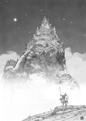  1boy artist_name building christian_sloan_hall fog graphite_(medium) highres house monochrome mountain night night_sky norse norse_mythology roman_numeral sky star_(sky) traditional_media viking 