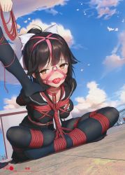 1girl absurdres arms_behind_back azur_lane ball_gag bdsm black_hair black_pantyhose black_serafuku black_skirt blue_sky blush bondage bound bound_arms bound_wrists bow breast_bondage breasts cloud cloudy_sky day feet female_focus gag gag_harness gagged hair_bow highres himitsu_(hi_mi_tsu_2) indian_style long_hair looking_at_viewer medium_breasts no_shoes outdoors pantyhose pleated_skirt ponytail red_rope restrained rope saliva saliva_trail scan school_uniform serafuku shibari shibari_over_clothes shrimp_tie sitting skindentation skirt sky solo solo_focus takao_(azur_lane) takao_(school_romanza)_(azur_lane) tears white_bow wiffle_gag rating:Questionable score:201 user:danbooru