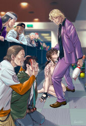  1girl absurdres ass azasuke bar_censor black_hair black_lagoon bleeding blonde_hair blood bowling_pin breasts brown_hair censored chaka_(black_lagoon) clothed_male_nude_female crying crying_with_eyes_open cum cum_in_mouth cum_in_nose fellatio fingerless_gloves forced forced_oral forced_to_watch gloves hand_on_another&#039;s_head hand_on_head highres irrumatio kneeling multiple_boys netorare nude okajima_rokuro oral penis ponytail public_indecency rape revy_(black_lagoon) shoulder_tattoo tattoo tears voyeur 