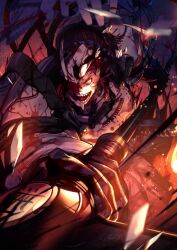  armor blood blood_on_armor blood_splatter broken_armor broken_helmet broken_mask dd_(vktr4837) dynamic_pose fake_horns fate/grand_order fate_(series) foreshortening game_cg gloves grey_gloves hair_over_one_eye helmet holding holding_polearm holding_weapon horned_helmet horns japanese_armor katana looking_at_viewer mask medium_hair mori_nagayoshi_(fate) mori_nagayoshi_(third_ascension)_(fate) ningen_mukotsu_(fate) official_art one_eye_covered open_mouth polearm red_hair sharp_teeth sheath sheathed shirt shoulder_armor sode spear sword teeth third-party_source upper_body weapon white_armor white_shirt yari yellow_eyes 