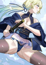  1girl absurdres black_shirt blonde_hair blue_eyes blue_hair blue_kimono blue_panties blue_ribbon blue_sky blush bow bow_panties breasts brown_thighhighs cleavage cleavage_cutout clothing_cutout cloud commentary_request cowboy_shot crotch_seam floating_clothes floating_hair gold_trim gradient_hair green_hair hair_ribbon highres holding holding_sword holding_weapon japanese_clothes jumping katana kimono kuroi_suna long_hair multicolored_hair obi off_shoulder original outdoors panties pantyshot parted_lips pelvic_curtain ponytail ribbon sash see-through_clothes see-through_skirt sheath sheathed shirt short_sleeves sidelocks sideways_mouth skirt sky sleeveless sleeveless_shirt smile solo spread_legs streaked_hair string_panties sword thighhighs turning_head underwear weapon wide_sleeves zettai_ryouiki 