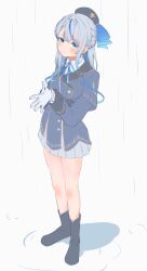  1girl absurdres amagai_ruka black_collar blue_eyes blue_hair blue_jacket blue_ribbon blue_skirt boots braid closed_mouth collar commentary double-parted_bangs gold_trim grey_boots grey_hat half_up_braid hat hat_ribbon highres jacket light_blush long_hair long_sleeves neck_ribbon own_hands_together pleated_skirt puddle ribbon seele_(chanseele0128) shadow shirt simple_background single_hair_streak skirt smile solo split_mouth virtual_youtuber weather_planet white_background white_shirt 