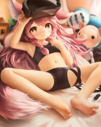1girl animal_ear_fluff animal_ears arm_up armpits bandaid bandaid_on_face bandaid_on_nose barefoot bed black_shorts black_tank_top braid brown_eyes chess_piece chessboard commission crumbles fang feet finger_to_mouth flat_chest fox_ears fox_girl fox_tail head-mounted_display highres large_variant_set legs long_hair lying navel on_back original pillow pink_hair short_shorts shorts smile soles solo spread_legs stuffed_toy tail tank_top thigh_strap thighs toes underwear underwear_only variant_set rating:Sensitive score:197 user:danbooru