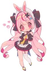  1girl animal_ears black_gloves black_skirt closed_mouth garter_straps gloves highres indie_virtual_youtuber long_hair looking_at_viewer low_twintails multicolored_hair necktie no_nose pink_eyes pink_hair rabbit_ears rabbit_girl short_eyebrows single_thighhigh skirt smile socks solo streaked_hair thick_eyebrows thighhighs tomari_mari twintails very_long_hair virtual_youtuber white_socks white_thighhighs yellow_necktie zudzuki 