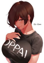  1girl bad_id bad_twitter_id bare_shoulders black_shirt blush borrowed_character breast_suppress breasts brown_eyes brown_hair casual character_name cleavage closed_mouth clothes_writing collarbone commentary earrings english_commentary female_focus hair_over_one_eye hand_on_own_chest highres jewelry large_breasts looking_at_viewer lulu-chan92 office_lady olive_laurentia original pink_lips pixie_cut romaji shirt short_hair simple_background smile solo t-shirt translated truth white_background 