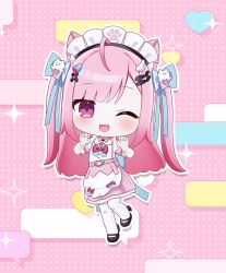  1girl ;3 ahoge animal_ears bandaid bandaid_hair_ornament belt black_choker black_shoes blue_bow blush bow cat_choker cat_ears cat_girl choker claw_pose commentary crossed_bandaids dress extra_ears fish_hair_ornament ghost_hair_ornament hair_bow hair_ornament hairclip heart heart_hair_ornament highres indie_virtual_youtuber long_hair looking_at_viewer maid maid_headdress momoshiki_tsubaki o-ring o-ring_choker one_eye_closed open_mouth paw_print pink_background pink_belt pink_dress pink_eyes pink_hair shoes short_sleeves smile solo thighhighs two_side_up virtual_youtuber white_thighhighs white_wrist_cuffs wing_hair_ornament wrist_cuffs yuuki_sakuna yuuki_sakuna_(1st_costume) 