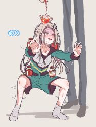  1boy 1girl ^^^ anatomical_nonsense balancing balancing_on_head black_pants blush brown_background brown_footwear brown_hair collarbone cup cup_on_head drunken_master fang furrowed_brow gakuen_idolmaster gameplay_mechanics glass_bottle gloom_(expression) green_jacket green_shorts grey_socks gym_shorts gym_uniform hair_ornament hairclip highres horse_stance idolmaster jacket long_hair long_legs long_sleeves looking_at_another monae no_shoes open_mouth orange_eyes out_of_frame outstretched_arms pants pose_imitation pouring pouring_onto_another producer_(idolmaster) shinosawa_hiro shoes shorts simple_background skin_fang skinny socks solo_focus squatting sweat tea teacup tearing_up track_jacket twitching very_sweaty wavy_mouth 