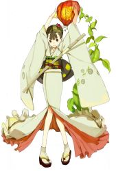  1girl fakepucco japanese_clothes katana kimono sandals shirasaya smile sword tabi weapon zori zouri 
