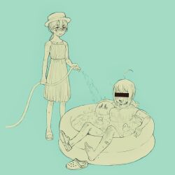  2girls :3 ahoge aqua_background aruko_okara bandaid bandaid_on_leg bar_censor bare_shoulders blush boater_hat breasts censored censored_identity crocs domino_mask dress glasses holding holding_hose hose indie_virtual_youtuber kirby kirby_(series) large_breasts long_hair low_ponytail low_twintails mask monochrome multiple_girls nintendo omikoshi_(oa0cc) open_mouth partially_submerged ponytail rubber_duck sandals sepia shirt shoes short_eyebrows short_hair short_sleeves short_twintails simple_background single_shoe sleeveless sleeveless_dress smile standing sundress sweat t-shirt thick_eyebrows tokumei_radio twintails unworn_shoe unworn_shoes virtual_youtuber wading_pool water wet wet_clothes wet_shirt zanko  rating:Sensitive score:3 user:danbooru