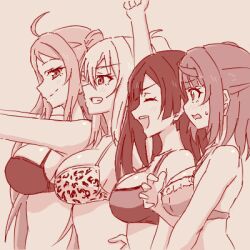  4girls ahoge bikini blush bust_chart breasts bust_chart closed_eyes closed_mouth grin growth170 hair_bun large_breasts long_hair love_live! love_live!_nijigasaki_high_school_idol_club medium_breasts miyashita_ai monochrome multiple_girls open_mouth ponytail sideboob simple_background smile standing sweatdrop swimsuit teeth uehara_ayumu upper_body year_connection yuki_setsuna zhong_lanzhu 