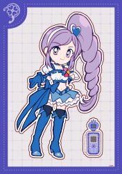 1girl aono_miki black_thighhighs blue_boots blue_bow blue_choker blue_gloves blue_skirt boots border bow cellphone choker closed_mouth clover clover_brooch cropped_shirt cross-laced_clothes cross-laced_skirt cure_berry deformed dot_nose dotted_line drill_hair earrings eyelashes four-leaf_clover fresh_precure! frilled_shirt frilled_skirt frilled_sleeves frills full_body gloves grey_background grid_background hair_ornament hairband hand_on_own_hip heart heart_earrings heart_hair_ornament high_heel_boots high_heels high_side_ponytail highres jewelry long_hair magical_girl midriff miniskirt navel outline outstretched_hand petticoat phone precure puffy_short_sleeves puffy_sleeves purple_border purple_eyes purple_hair ribbon-trimmed_shirt ribbon_trim shirt short_sleeves sidelocks signature single_glove skirt smile solo square_neckline swept_bangs tareme thigh_boots thighhighs uwded_207 very_long_hair waist_bow white_hairband white_outline white_shirt wrist_bow wristband zettai_ryouiki 