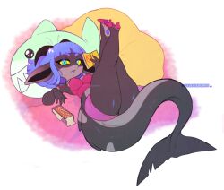  1girl animal-shaped_pillow aqua_eyes atlyss bellatrix_(galaxiabunny) black_skin book border box breasts camisole colored_sclera colored_skin commentary cookie crossed_legs english_commentary fins fish_tail food galaxiabunny grey_skin highres holding holding_book horns imp_(atlyss) legs_up long_pointy_ears looking_at_viewer lying medium_breasts medium_hair monster_girl multicolored_skin on_back parted_lips pawpads pink_shoes pink_shorts player_character_(atlyss) pointy_ears reclining red_camisole shark_tail shoes short_shorts shorts shortstack solo sparkle surprised tail thick_thighs thighs two-tone_skin white_border yellow_pillow yellow_sclera 