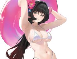  1girl animal_ears armpits bikini black_hair blunt_bangs breasts commentary cowboy_shot flower gradient_hair grey_eyes hair_between_eyes hair_flower hair_intakes hair_ornament innertube jane_doe_(zenless_zone_zero) light_blush long_hair malsuk mouse_ears mouse_girl multicolored_hair navel red_hair scrunchie sidelocks smile swim_ring swimsuit symbol-only_commentary white_background white_bikini wrist_scrunchie zenless_zone_zero 
