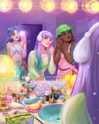  3girls applying_makeup artist_name bar_soap bathroom blue_hair cellphone cora_(luztapiaart) criss-cross_halter dark-skinned_female dark_skin faucet gradient_hair green_hair green_hat green_shirt halterneck hat highres holding holding_phone lamp lila_(luztapiaart) long_hair luztapiaart mirror multicolored_hair multiple_girls one_eye_closed original phone pink_shirt pink_skirt purple_hair shirt side_slit skirt sleeveless sleeveless_shirt smartphone two-tone_hair victoria_(luztapiaart) watermark 