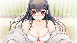 1girl black_hair blush bow bow_bra bra breasts game_cg kimi_to_kanojo_to_kanojo_no_koi. large_breasts long_hair open_mouth pink_bow pink_ribbon ribbon sone_miyuki tsuji_santa underwear white_bra rating:Questionable score:7 user:DoctorWasabi