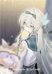  1girl artist_name black_bow black_hairband blurry blurry_foreground blush bow bread bread_slice firefly_(honkai:_star_rail) firefly_(spring_missive)_(honkai:_star_rail) food food_in_mouth from_behind green_eyes grey_hair grey_sailor_collar grey_skirt hair_between_eyes hair_bow hairband highres honkai:_star_rail honkai_(series) long_hair looking_at_viewer looking_back missing_commentary mouth_hold official_alternate_costume rain sailor_collar school_uniform serafuku shirt silver_wolf_(honkai:_star_rail) skirt srpzk toast toast_in_mouth white_shirt 