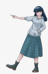  1girl arm_up bad_tag blue_eyes blue_hair boots green_boots highres hood hoodie maison_ikkoku otonashi_kyouko poppowerhearts simple_background skirt white_hoodie 