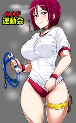  1girl blush breasts buruma choker cowboy_shot female_focus gluteal_fold gym_uniform hair_between_eyes highres impossible_clothes impossible_shirt jewelry large_breasts looking_at_viewer name_tag okyou parted_lips pouch pulling_own_clothes purple_eyes purple_hair scowl shirt short_hair short_sleeves solo sweat the_king_of_fighters thigh_bands thighlet translation_request whip whip_(kof)  rating:Sensitive score:54 user:danbooru