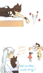  bed black_hair blake_belladonna blonde_hair bunk_bed cat_teaser commentary dog english_commentary english_text kuma_(bloodycolor) long_hair multiple_girls ruby_rose rwby weiss_schnee welsh_corgi white_background yang_xiao_long zwei_(rwby) 