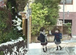  2girls bag black_hair black_socks blue_jacket brown_hair building closed_eyes highres jacket mini_snowman multiple_girls open_mouth original outdoors painting_(medium) pleated_skirt road_sign scarf scenery school_bag shoes sign skirt snow socks standing traditional_media tree utility_pole watercolor_(medium) winter winter_clothes yuukitokuda 