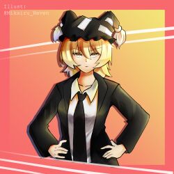  1girl advent_cirno alternate_costume black_hat black_jacket black_necktie blonde_hair collarbone collared_shirt commentary commission english_commentary formal_clothes gradient_background hair_between_eyes hands_on_own_hips hat jacket long_sleeves looking_at_viewer mikairu_heven mob_cap necktie orange_background original shirt short_hair solo suit touhou twitter_username upper_body v-shaped_eyebrows white_shirt yakumo_ran yellow_eyes 