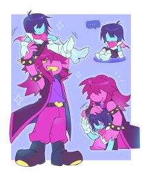  ... 1girl 1other :| androgynous armlet arms_up black_boots black_jacket blue_background blue_hair blue_skin boots border bracelet carrying carrying_person closed_mouth colored_skin deltarune four_weeks freckles full_body furry furry_female grin hand_on_another&#039;s_head headpat highres jacket jewelry kris_(dark_world)_(deltarune) kris_(deltarune) lifting_person multiple_views no_eyes outside_border pants pink_hair pink_pants pink_skin short_hair smile spiked_armlet spiked_bracelet spikes spoken_ellipsis standing susie_(dark_world)_(deltarune) susie_(deltarune) white_border 