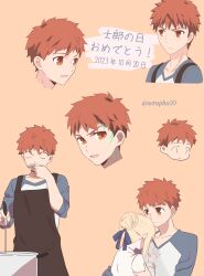  1boy 1girl absurdres artoria_pendragon_(fate) blonde_hair blush commentary cooking cooking_pot emiya-san_chi_no_kyou_no_gohan emiya_shirou fate/stay_night fate_(series) highres holding ladle long_hair long_sleeves male_focus open_mouth orange_hair red_hair ribbon saber_(fate) seraphu00 shirt short_hair simple_background translated twitter_username white_shirt yellow_eyes 