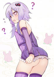  1girl @_@ ass bare_shoulders breasts compression_sleeve cowboy_shot dress efe hashtag-only_commentary highres leaning_forward looking_at_viewer open_mouth purple_dress purple_thighhighs short_hair_with_long_locks simple_background small_breasts solo strapless strapless_dress sweatdrop thighhighs thighs torn_clothes torn_dress vocaloid voiceroid white_background yuzuki_yukari 