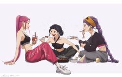 3girls bare_arms bare_shoulders black_bra body_markings bra braid brown_eyes chopsticks closed_mouth collarbone crop_top cup cup_ramen demon_girl disposable_cup double_bun eating food friends from_side hair_bun hair_up happy headband high_ponytail highres holding holding_chopsticks holding_cup korean_commentary kpop_demon_hunters leaning_back leaning_forward leaning_to_the_side light_smile long_braid long_hair long_sleeves looking_at_another looking_to_the_side looking_up mira_(kpop_demon_hunters) multiple_girls navel noodles pants parted_bangs pink_lips ponytail purple_background purple_hair red_hair red_pants rumi_(kpop_demon_hunters) shade shoes short_bangs simple_background single_braid sitting sleeveless smile spiderbbac stomach tan underwear white_shoes zoey_(kpop_demon_hunters) 