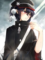  1girl bag black_coat black_hair black_hat coat commentary_request flat_cap flat_chest hat highres konton_hakusai lotus_eaters messenger_bag newsboy_cap official_alternate_costume pointy_ears pom_pom_(clothes) rain raincoat red_eyes shameimaru_aya short_hair shoulder_bag solo tassel touhou upper_body 