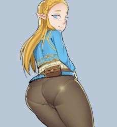 1girl absurdres ass blonde_hair blue_eyes blush fanny_pack female_focus grey_background highres long_hair nintendo pants pantylines pointy_ears princess_zelda smirk solo tenguro the_legend_of_zelda the_legend_of_zelda:_breath_of_the_wild tight_clothes tight_pants rating:Questionable score:77 user:JustHere4Butts