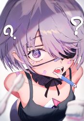  1girl ? @_@ absurdres arms_behind_back bandaid bandaid_on_cheek bandaid_on_face bandaid_on_nose black_tank_top chest_jewel commentary detached_collar eyepatch getto grey_hair highres hololive hololive_english jewel_under_eye koseki_bijou koseki_bijou_(casual) looking_at_viewer purple_eyes short_hair solo symbol-only_commentary tank_top toothbrush toothbrush_in_mouth virtual_youtuber 