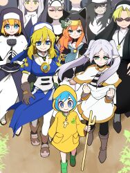 6+girls absurdres black_hair black_lagoon blonde_hair blue_archive bongfill boots character_request copyright_request double_(skullgirls) eda_(black_lagoon) en&#039;en_no_shouboutai frieren highres iris_(en&#039;en_no_shouboutai) iris_(enen_no_shouboutai) luce_(jubilee_2025) mari_(blue_archive) multiple_girls nun red_eyes skullgirls sousou_no_frieren sunglasses traditional_nun walking white_hair