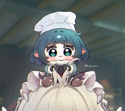  1girl :3 :d animal_ears black_gloves black_shirt black_shorts blue_jacket blush brown_thighhighs character_request chef_hat chibi commentary fingerless_gloves full_body fur-trimmed_sleeves fur_trim gloves green_eyes green_hair hat holding_another&#039;s_hair hue_oo jacket jane_doe_(zenless_zone_zero) korean_commentary long_sleeves looking_at_viewer mouse_ears mouse_girl open_clothes open_jacket open_mouth pantyhose photo-referenced ratatouille shirt short_hair shorts sitting smile solo thighhighs torn_clothes torn_pantyhose torn_thighhighs twitter_username white_hat zenless_zone_zero 
