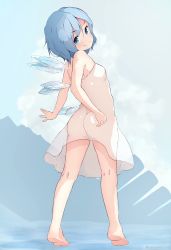 1girl ass bakadebiru bare_arms bare_legs bare_shoulders barefoot blue_background blue_eyes blue_hair blue_theme cirno closed_mouth dress feet female_focus from_behind full_body highres ice ice_wings looking_at_viewer looking_back rms_titanic see-through_clothes smile solo standing titanic_(movie) touhou watermark white_dress wings rating:Questionable score:38 user:danbooru