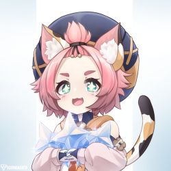 +_+ 1girl :3 animal_ear_fluff bangs_pinned_back bridal_gauntlets cat_girl cat_tail commentary diona_(genshin_impact) english_commentary fang forehead gem genshin_impact green_eyes hat highres holding kinkaikii long_sleeves open_mouth pink_hair primogem puffy_sleeves short_eyebrows short_hair simple_background sleeves_past_wrists solo star-shaped_pupils star_(symbol) symbol-shaped_pupils tail thick_eyebrows topknot white_background rating:General score:19 user:danbooru