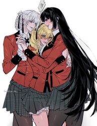  !? 3girls black_hair black_pantyhose black_ribbon black_skirt blonde_hair blue_eyes blue_lips blue_nails braid braided_hair_rings collared_shirt girl_sandwich hair_rings highres holding_hands houndstooth hyakkaou_academy_school_uniform jabami_yumeko jacket kakegurui long_hair m_omoo momobami_kirari multiple_girls pantyhose red_eyes red_jacket red_nails ribbon sandwiched saotome_mary school_uniform shirt skirt twintails very_long_hair white_shirt yellow_eyes yuri 