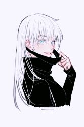  1girl absurdres black_jacket blindfold blindfold_pull blue_eyes breasts chinese_commentary cropped_shoulders from_side genderswap genderswap_(mtf) gojou_satoru grin hand_up hanlutt high_collar highres jacket jujutsu_kaisen long_hair long_sleeves looking_at_viewer medium_breasts simple_background sleeves_past_wrists smile solo very_long_hair white_background white_hair  rating:General score:12 user:danbooru