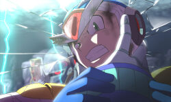  2boys android armor battle_damage blue_gloves blue_helmet cannon clenched_teeth cloud cloudy_sky covered_face damaged defeat forehead_jewel glass gloves glowing glowing_eye green_eyes half-closed_eye hand_on_another&#039;s_head hands_on_another&#039;s_arm helmet jewelry kin_niku looking_at_viewer male_focus mega_man_(series) mega_man_x3 mega_man_x_(series) multiple_boys red_eyes robot robot_ears shoulder_armor shoulder_cannon shoulder_pads sky standing teeth third_armor_x_(mega_man) thunder vile_(mega_man) vile_mkii_(mega_man) weapon white_gloves x_(mega_man) 