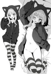  1girl animal_hood blush breasts cat_hood censored collarbone greyscale highres hood hoodie legs long_hair lying monochrome mosaic_censoring naked_hoodie navel nipples one_eye_closed open_clothes open_hoodie open_mouth original paw_pose pillow small_breasts striped_clothes striped_thighhighs thalia thighhighs zipper_pull_tab 