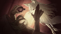  1boy 1girl animal_ears chain cloak cuffs expressionless forced_drinking grabbing_another&#039;s_chin hand_on_another&#039;s_chin hood hooded_cloak loli long_hair miyopiwi monster_boy nude open_mouth original potion pouring shackles sketch tentacles wolf_ears 