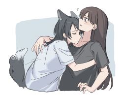  2girls ^^^ animal_ears bang_dream! bang_dream!_it&#039;s_mygo!!!!! black_hair black_shirt blue_background blush brown_hair closed_mouth collarbone cropped_torso curled_fingers face-to-face facing_another hair_between_eyes hand_up highres hug jenjen leaning_back leaning_forward leaning_on_person long_hair looking_at_another looking_down medium_hair motion_lines multiple_girls parted_lips profile purple_eyes shiina_taki shirt short_sleeves sideways_mouth simple_background tail two-tone_background white_background white_shirt wolf_ears wolf_girl wolf_tail yahata_umiri yuri 