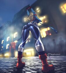  1girl 2023 antenna_hair artist_name ass ass_focus asymmetrical_gloves black_gloves black_pants blonde_hair blue_jacket boots building cameltoe cammy_stretch_(meme) cammy_white capcom capri_pants city city_lights cloud cloudy_sky combat_boots commentary cropped_jacket english_commentary female_focus fingerless_gloves foreshortening from_behind from_below full_body gloves highres huge_ass jacket leaning_forward legs_apart long_sleeves meme midriff night outdoors pants perspective red_boots short_hair skin_tight sky solo_focus sports_bra standing street_fighter street_fighter_6 stretching tangeluscious thick_thighs thighs union_jack united_kingdom_flag_print white_trim 
