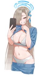  1girl absurdres alternate_costume asuna_(blue_archive) blue_archive blue_eyes blue_halo blue_pants blue_shirt bra breasts brown_hair cellphone cleavage clothes_lift clothes_pull hair_over_one_eye halo highres holding holding_phone kono_(xerondan321) large_breasts lifting_own_clothes long_hair looking_at_viewer mole mole_on_breast navel panties pants pants_pull phone shirt shirt_lift solo stomach underwear very_long_hair white_bra white_panties 
