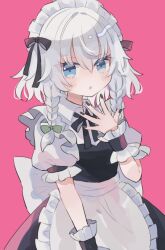  1girl apron black_bow black_bowtie black_nails blue_eyes blush bow bowtie braid commentary_request green_bow grey_hair hair_bow hiyuu_(hiyualice) izayoi_sakuya long_hair looking_at_viewer maid maid_headdress open_mouth pink_background simple_background solo touhou twin_braids waist_apron wrist_cuffs 